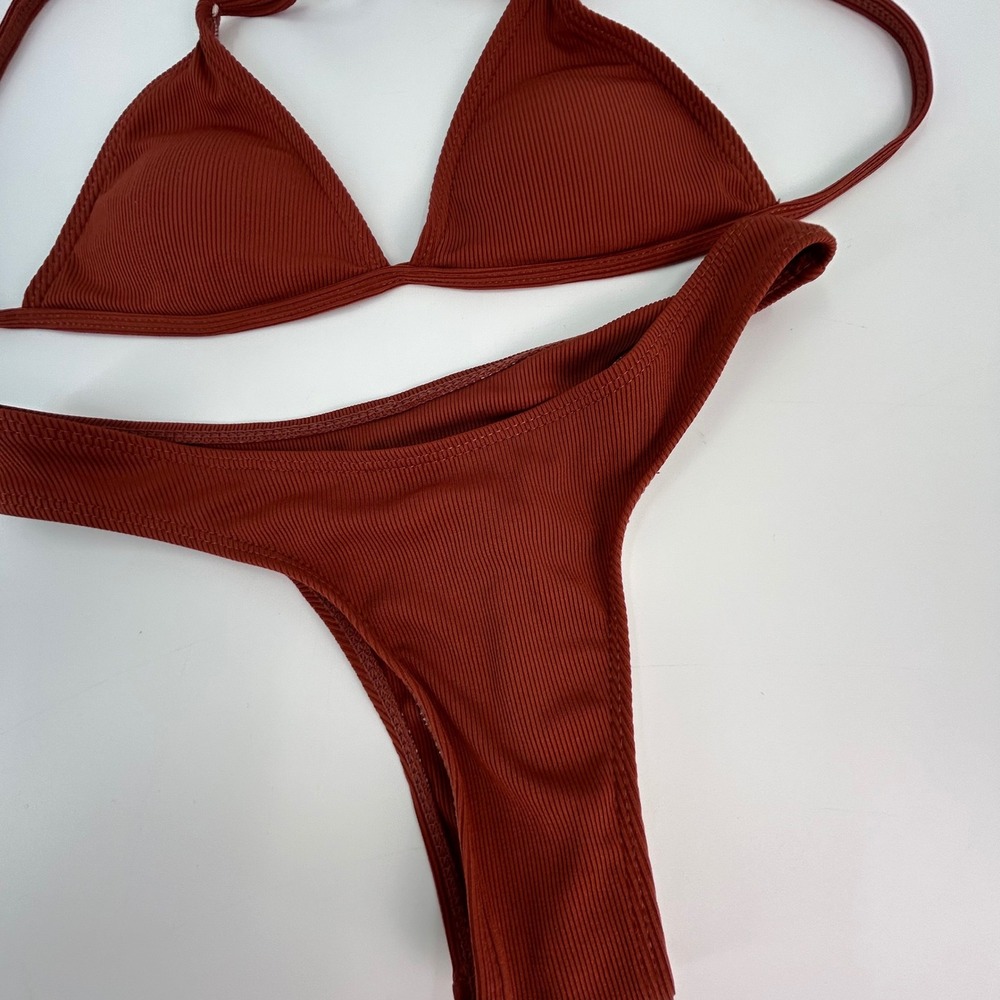 Rust Brown Ribbed Triangle Bikini Set High Cut Cheeky Two Piece Swimsuit